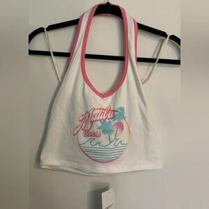 NWT Barbie x Forever 21 Malibu Barbie Graphic Cropped Halter Top Pink Trim